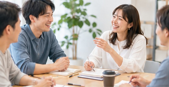 同じ目的を持つ仲間と会話しながら学ぶ様子